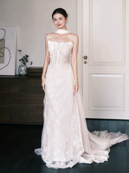 Eye-Catching Strapless Wedding Dress With Scarf Lace Beads Sheath Bridal Dress AP6895