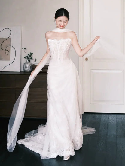 Eye-Catching Strapless Wedding Dress With Scarf Lace Beads Sheath Bridal Dress AP6895
