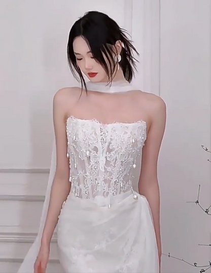 Eye-Catching Strapless Wedding Dress With Scarf Lace Beads Sheath Bridal Dress AP6895