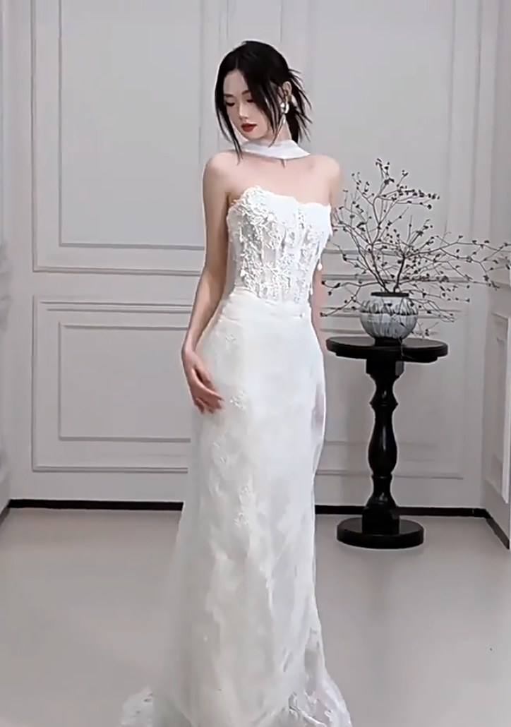 Eye-Catching Strapless Wedding Dress With Scarf Lace Beads Sheath Bridal Dress AP6895