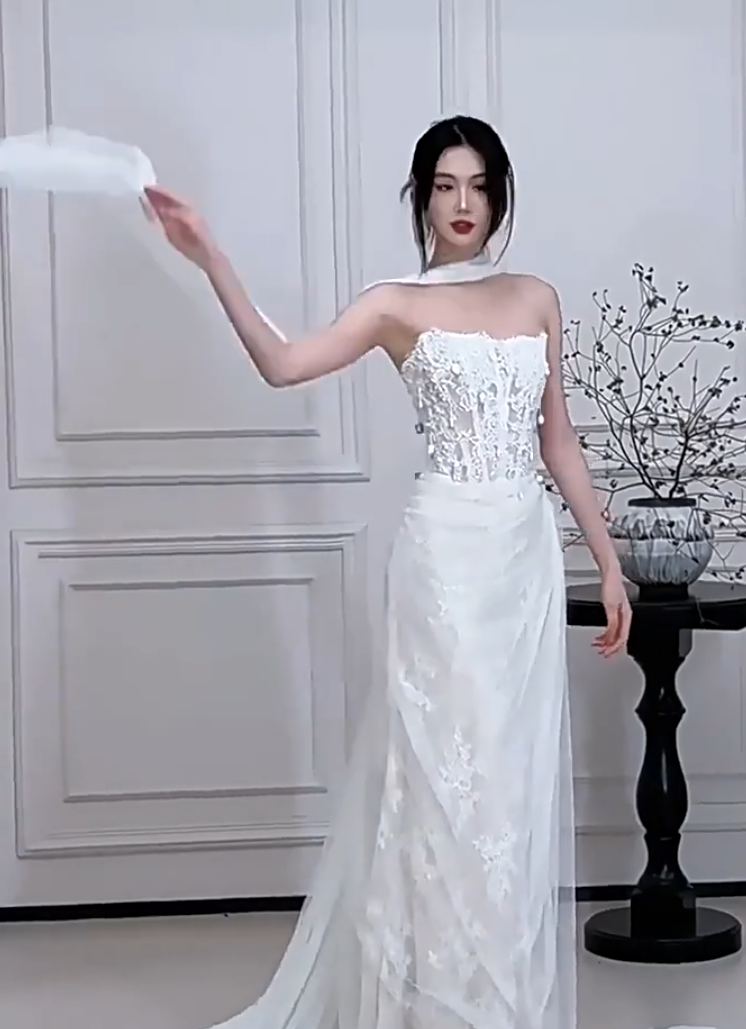 Eye-Catching Strapless Wedding Dress With Scarf Lace Beads Sheath Bridal Dress AP6895