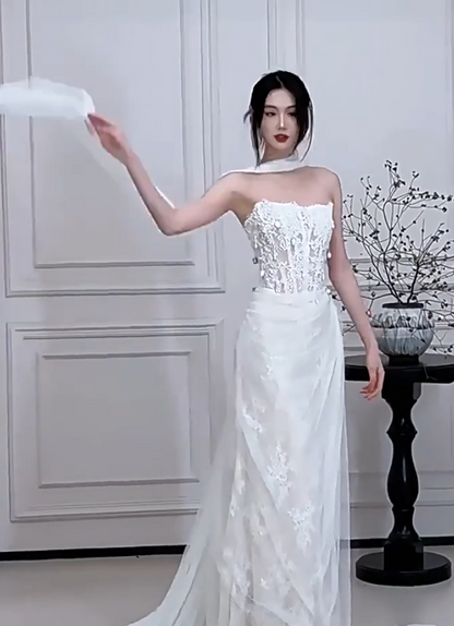 Eye-Catching Strapless Wedding Dress With Scarf Lace Beads Sheath Bridal Dress AP6895