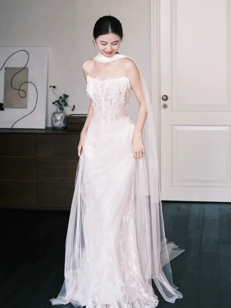 Eye-Catching Strapless Wedding Dress With Scarf Lace Beads Sheath Bridal Dress AP6895