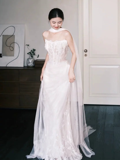 Eye-Catching Strapless Wedding Dress With Scarf Lace Beads Sheath Bridal Dress AP6895