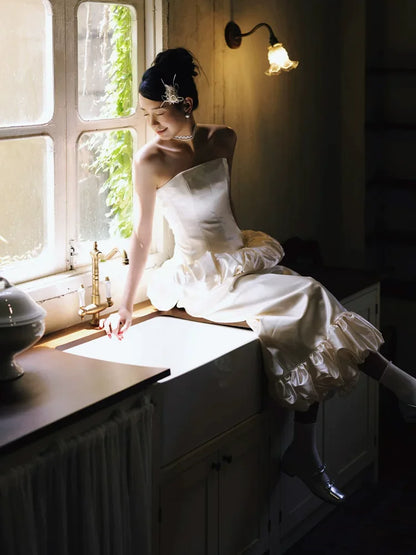 Fresh Strapless White Satin Wedding Dress Tiered Sheath Bridal Dress AP6896