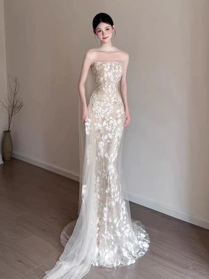 Sleek Strapless Beige Mermaid Prom Dress With Scarf Sequins Beading Formal Dress AP6897