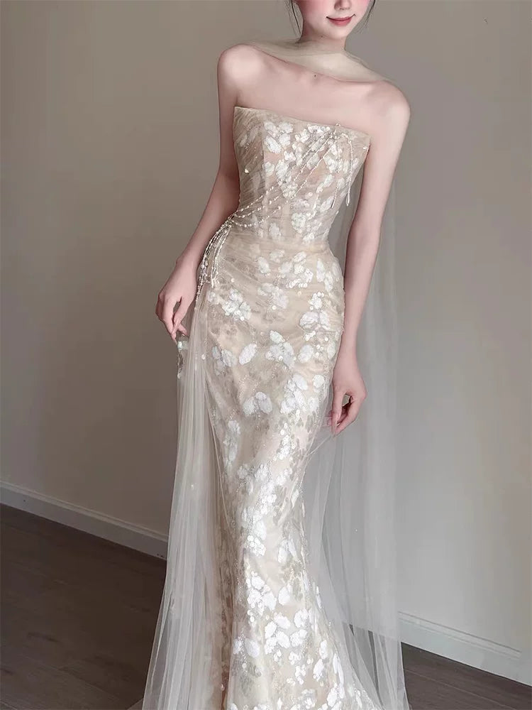 Sleek Strapless Beige Mermaid Prom Dress With Scarf Sequins Beading Formal Dress AP6897