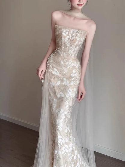 Sleek Strapless Beige Mermaid Prom Dress With Scarf Sequins Beading Formal Dress AP6897
