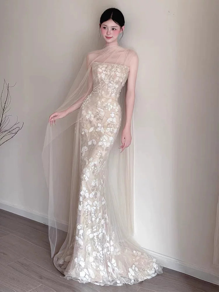 Sleek Strapless Beige Mermaid Prom Dress With Scarf Sequins Beading Formal Dress AP6897