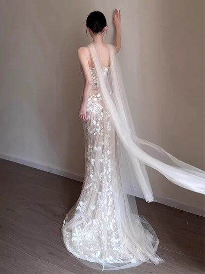 Sleek Strapless Beige Mermaid Prom Dress With Scarf Sequins Beading Formal Dress AP6897