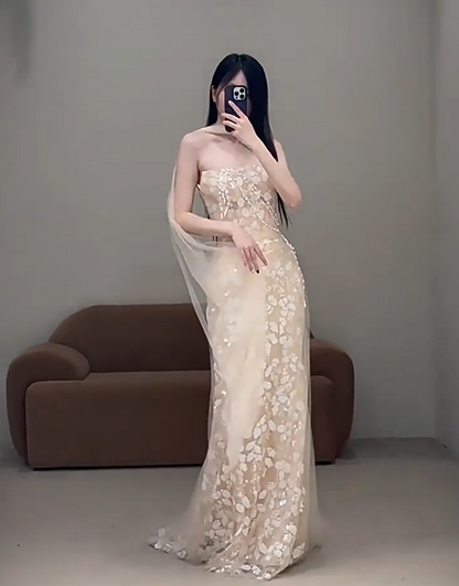 Sleek Strapless Beige Mermaid Prom Dress With Scarf Sequins Beading Formal Dress AP6897