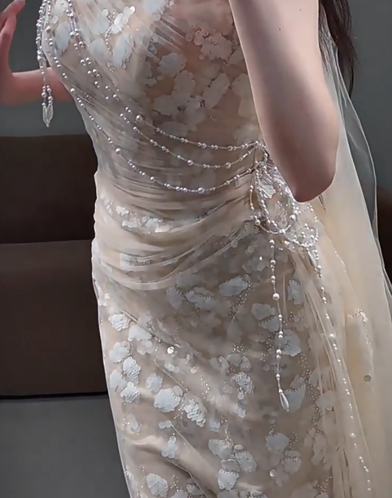 Sleek Strapless Beige Mermaid Prom Dress With Scarf Sequins Beading Formal Dress AP6897