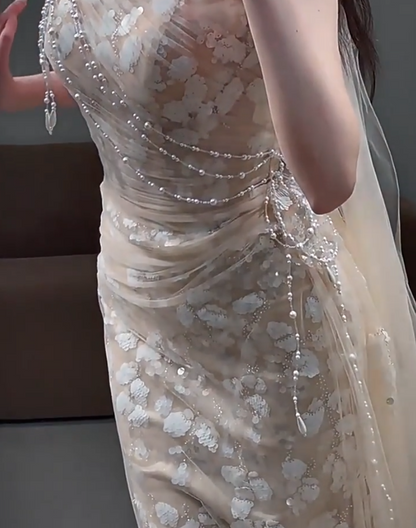 Sleek Strapless Beige Mermaid Prom Dress With Scarf Sequins Beading Formal Dress AP6897