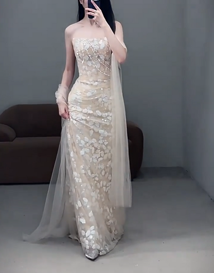 Sleek Strapless Beige Mermaid Prom Dress With Scarf Sequins Beading Formal Dress AP6897