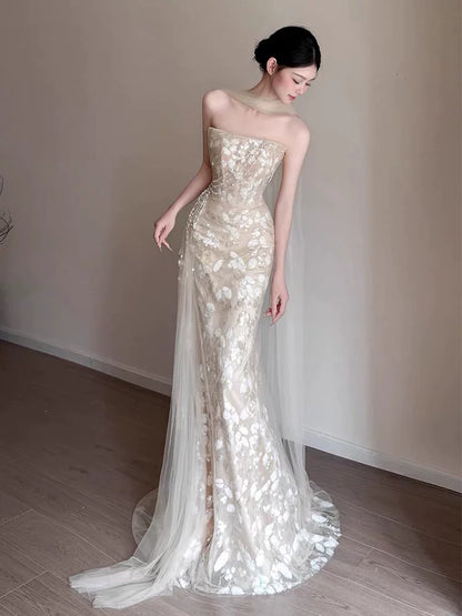 Sleek Strapless Beige Mermaid Prom Dress With Scarf Sequins Beading Formal Dress AP6897