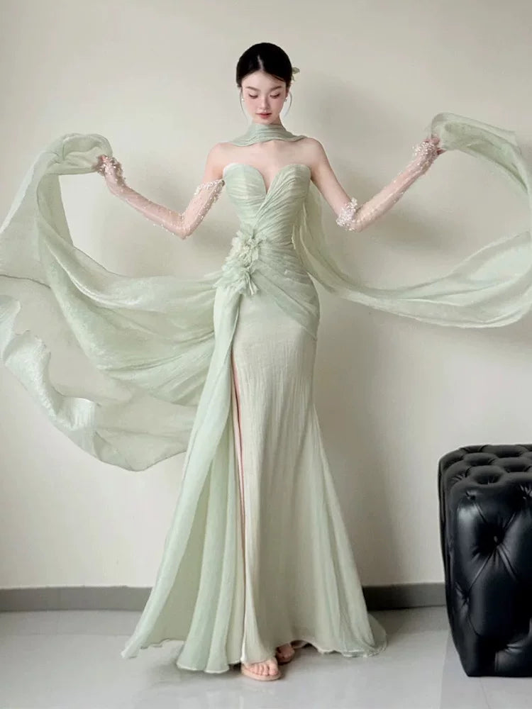 Dainty Strapless Mermaid Light Green Prom Dress With Scarf Slit Appliques Beads Formal Dress AP6898