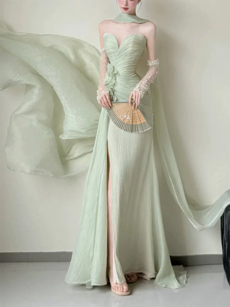 Dainty Strapless Mermaid Light Green Prom Dress With Scarf Slit Appliques Beads Formal Dress AP6898