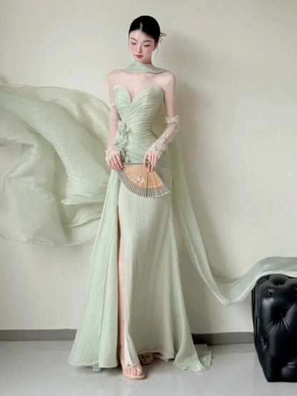 Dainty Strapless Mermaid Light Green Prom Dress With Scarf Slit Appliques Beads Formal Dress AP6898