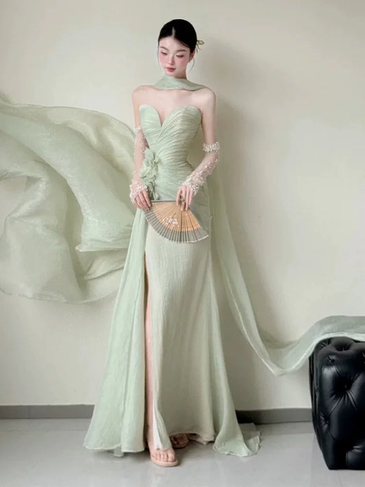 Dainty Strapless Mermaid Light Green Prom Dress With Scarf Slit Appliques Beads Formal Dress AP6898