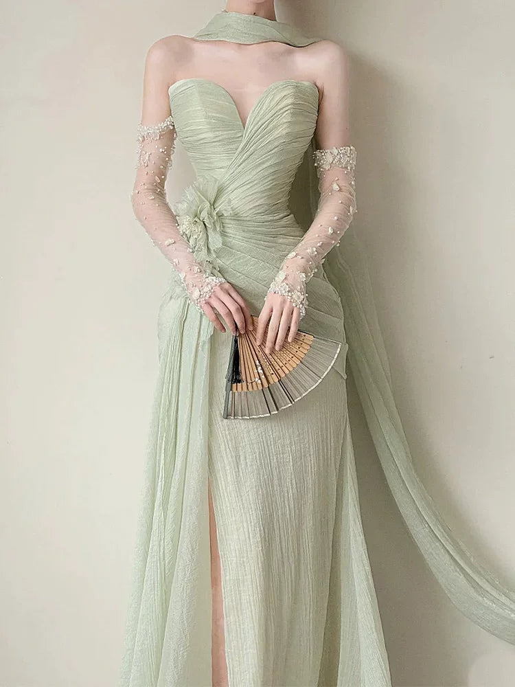 Dainty Strapless Mermaid Light Green Prom Dress With Scarf Slit Appliques Beads Formal Dress AP6898