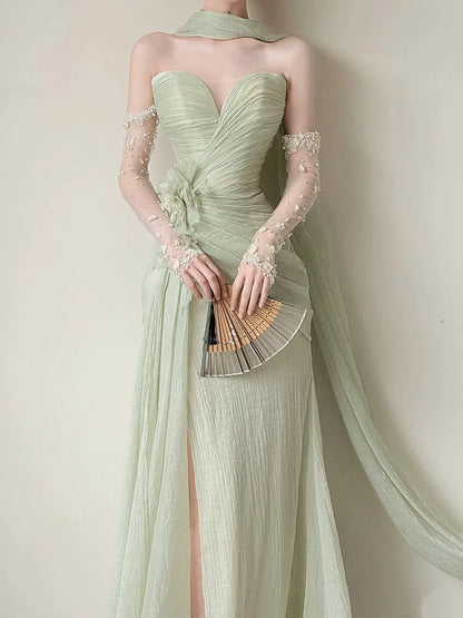 Dainty Strapless Mermaid Light Green Prom Dress With Scarf Slit Appliques Beads Formal Dress AP6898