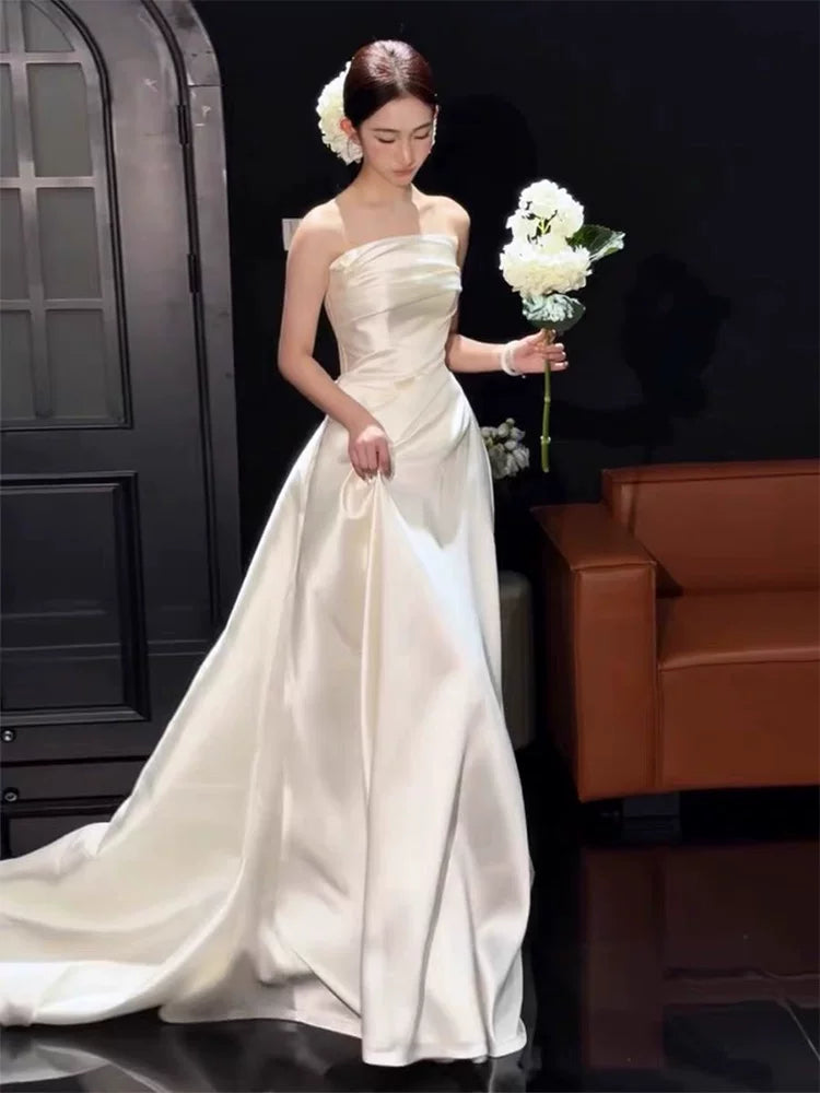 Cozy A-Line Wedding Dress Simple Strapless Satin Bridal Gowns AP6900