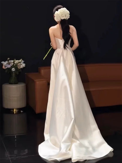Cozy A-Line Wedding Dress Simple Strapless Satin Bridal Gowns AP6900