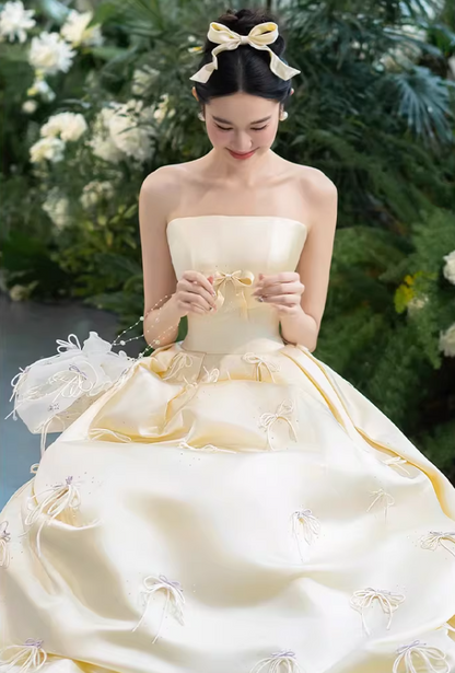 Classy Strapless Bows Prom Dresses A-Line Satin Formal Dress AP6902
