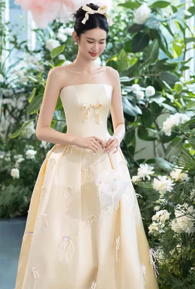 Classy Strapless Bows Prom Dresses A-Line Satin Formal Dress AP6902
