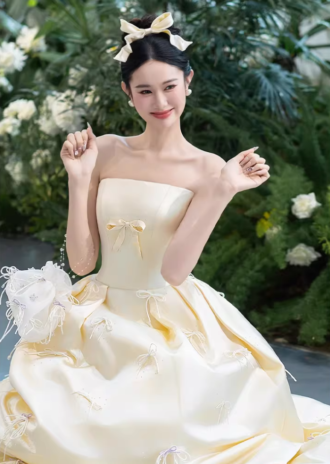 Classy Strapless Bows Prom Dresses A-Line Satin Formal Dress AP6902