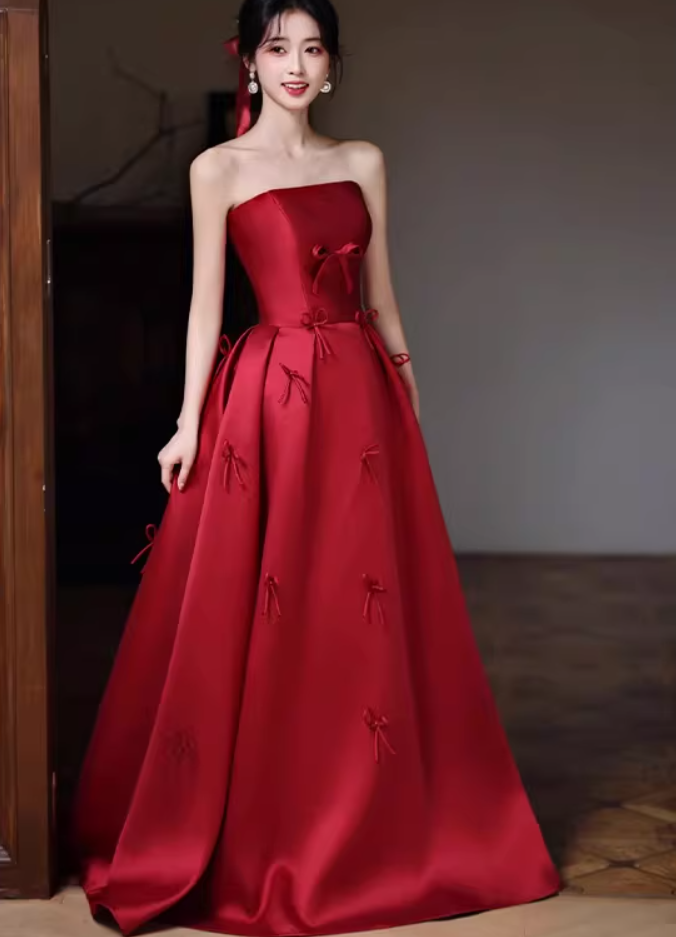 Classy Strapless Bows Prom Dresses A-Line Satin Formal Dress AP6902