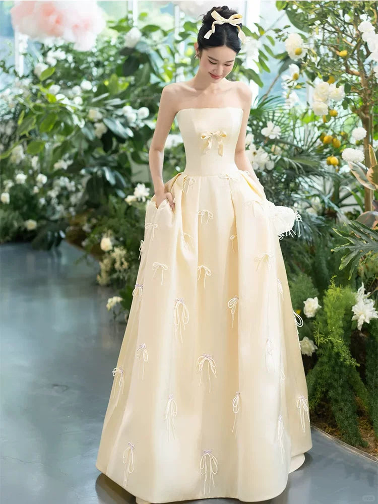 Classy Strapless Bows Prom Dresses A-Line Satin Formal Dress AP6902