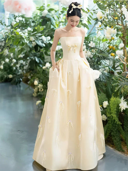 Classy Strapless Bows Prom Dresses A-Line Satin Formal Dress AP6902