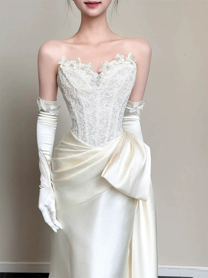 Whimsical Strapless Mermaid Wedding Dress With Sleeves Lace Appliques Bridal Outfit AP6905