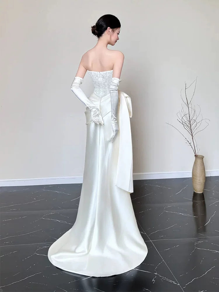 Whimsical Strapless Mermaid Wedding Dress With Sleeves Lace Appliques Bridal Outfit AP6905