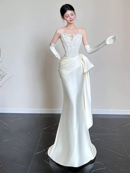 Whimsical Strapless Mermaid Wedding Dress With Sleeves Lace Appliques Bridal Outfit AP6905