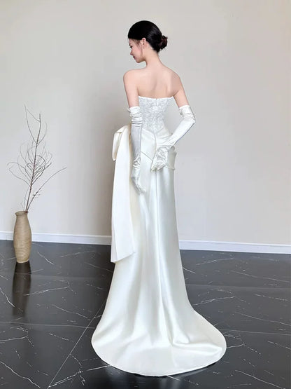 Whimsical Strapless Mermaid Wedding Dress With Sleeves Lace Appliques Bridal Outfit AP6905