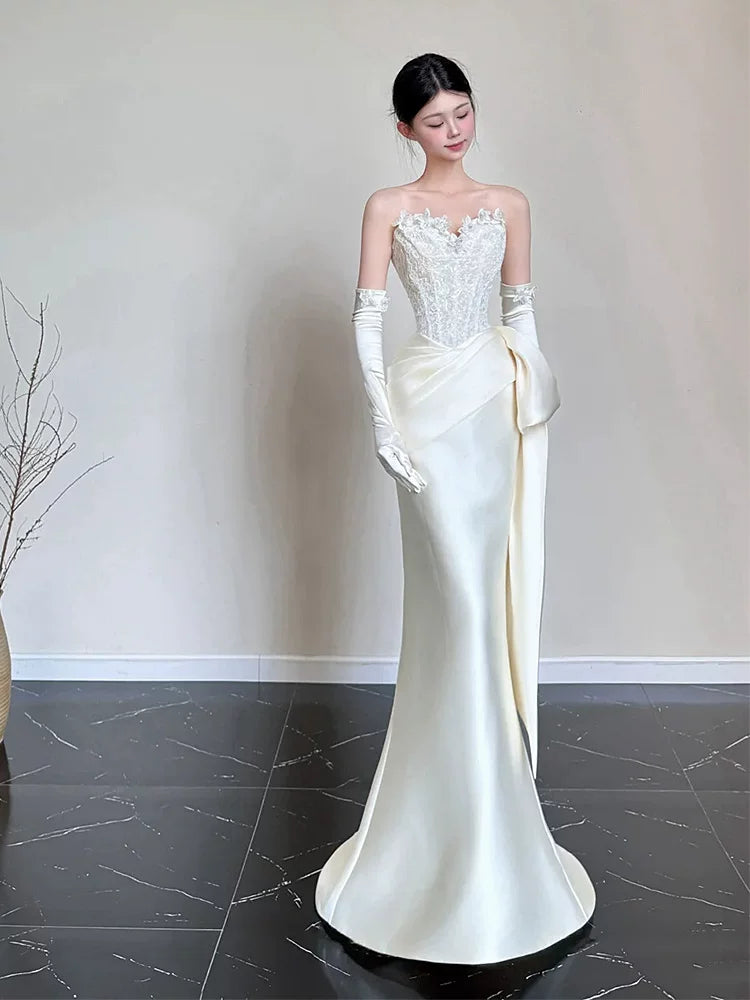 Whimsical Strapless Mermaid Wedding Dress With Sleeves Lace Appliques Bridal Outfit AP6905