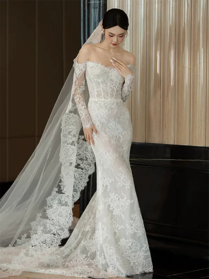 Custom Off-Shoulder Mermaid Wedding Dress With Veil Lace Sequins Long Sleeve Bridal Dress AP6907