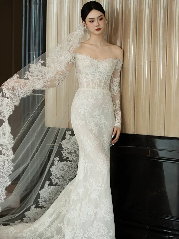 Custom Off-Shoulder Mermaid Wedding Dress With Veil Lace Sequins Long Sleeve Bridal Dress AP6907