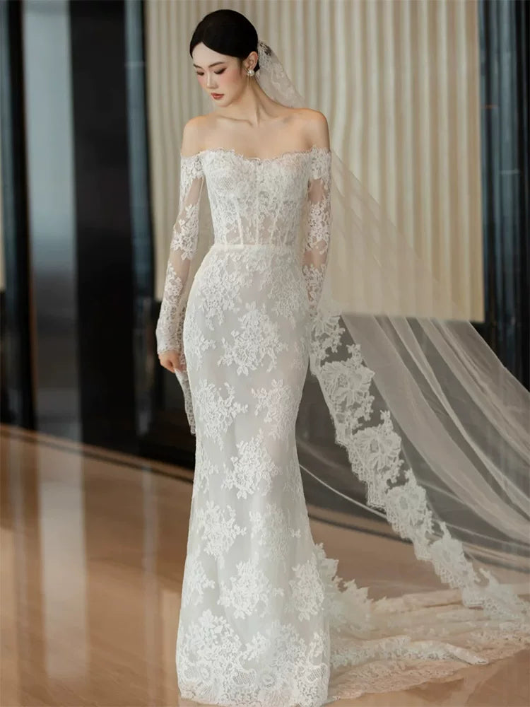 Custom Off-Shoulder Mermaid Wedding Dress With Veil Lace Sequins Long Sleeve Bridal Dress AP6907