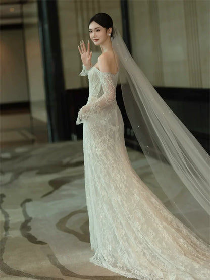 Custom Off-Shoulder Mermaid Wedding Dress With Veil Lace Sequins Long Sleeve Bridal Dress AP6907