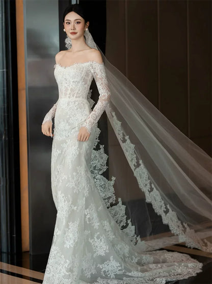 Custom Off-Shoulder Mermaid Wedding Dress With Veil Lace Sequins Long Sleeve Bridal Dress AP6907
