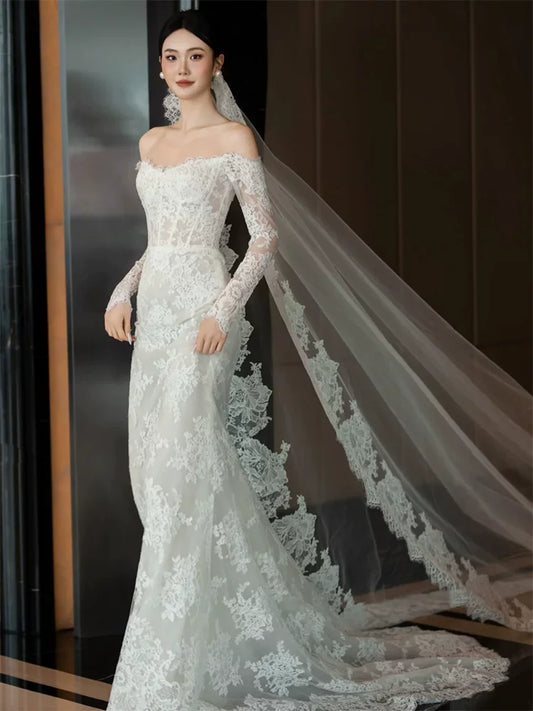 Custom Off-Shoulder Mermaid Wedding Dress With Veil Lace Sequins Long Sleeve Bridal Dress AP6907