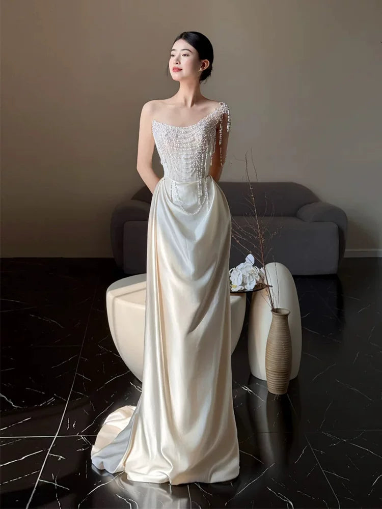 Celestial One Shoulder Wedding Dress Beading Bodice Sheath Bridal Dress AP6909