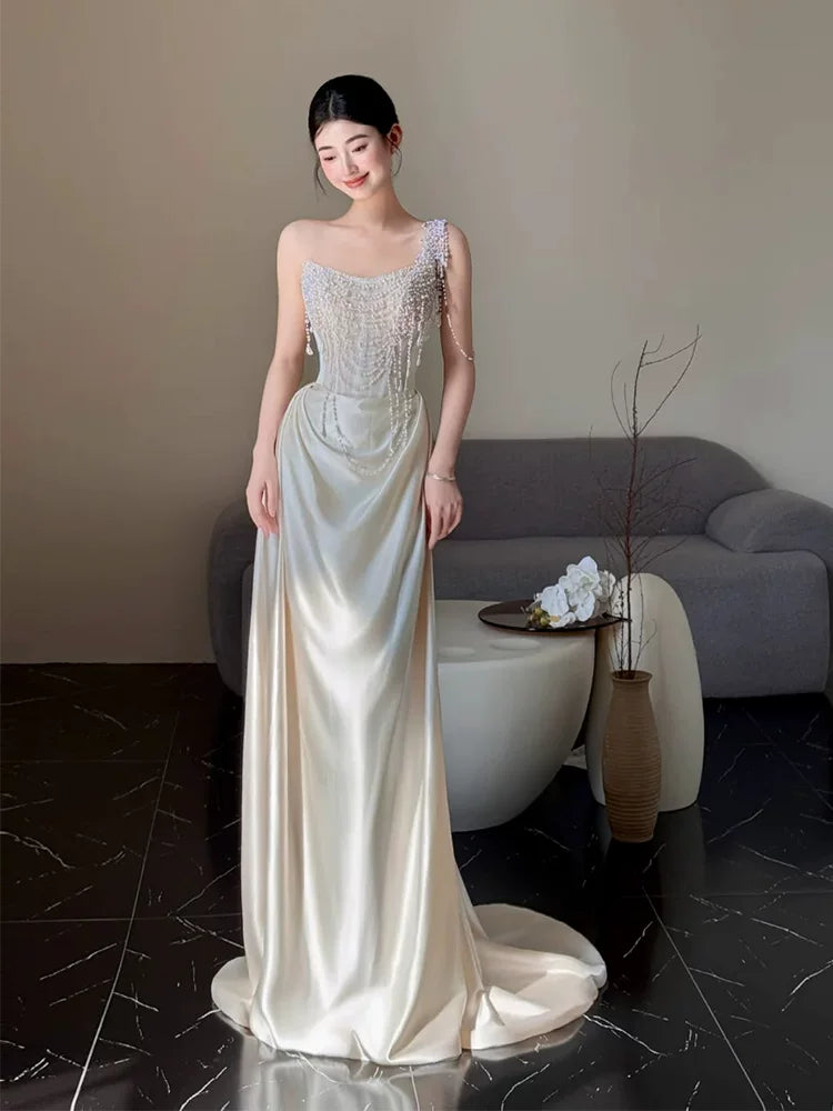 Celestial One Shoulder Wedding Dress Beading Bodice Sheath Bridal Dress AP6909