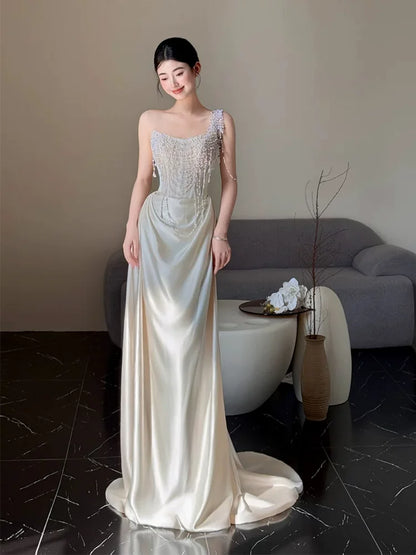Celestial One Shoulder Wedding Dress Beading Bodice Sheath Bridal Dress AP6909