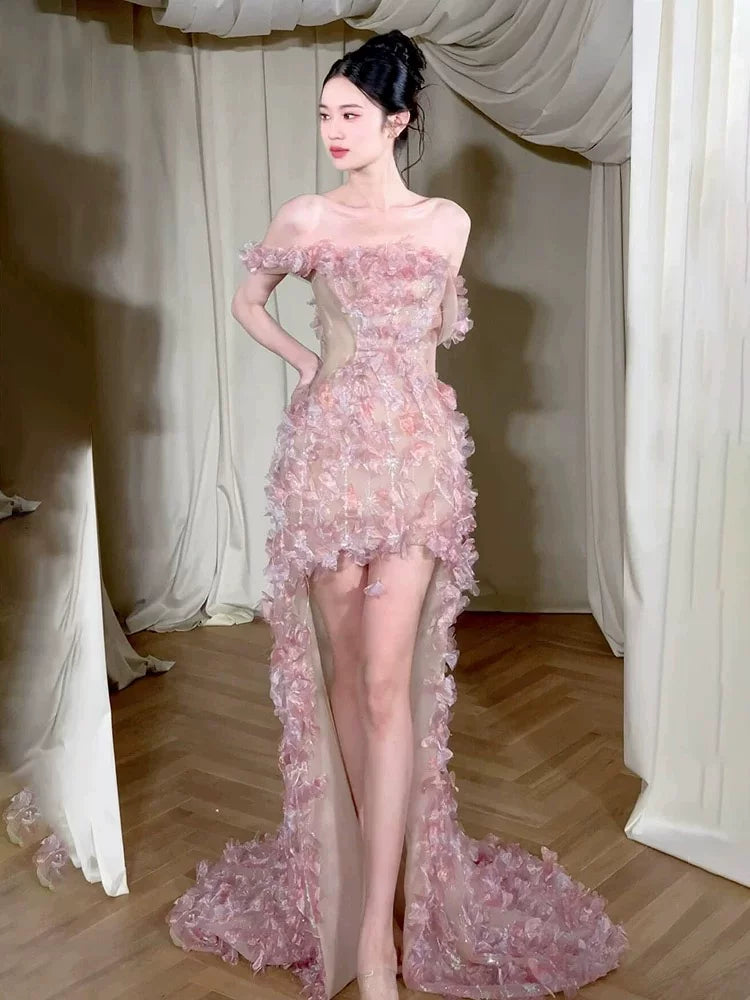Ornate Sheath Off-Shoulder Pink Homecoming Dress Appliques Sequins Birthday Dress AP6910