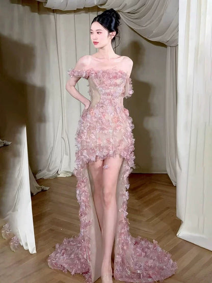 Ornate Sheath Off-Shoulder Pink Homecoming Dress Appliques Sequins Birthday Dress AP6910
