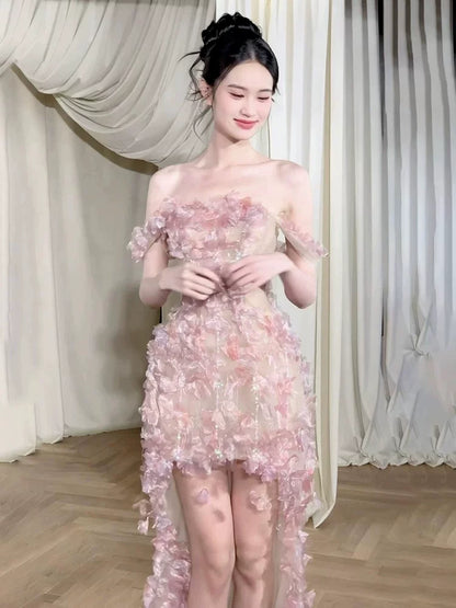 Ornate Sheath Off-Shoulder Pink Homecoming Dress Appliques Sequins Birthday Dress AP6910